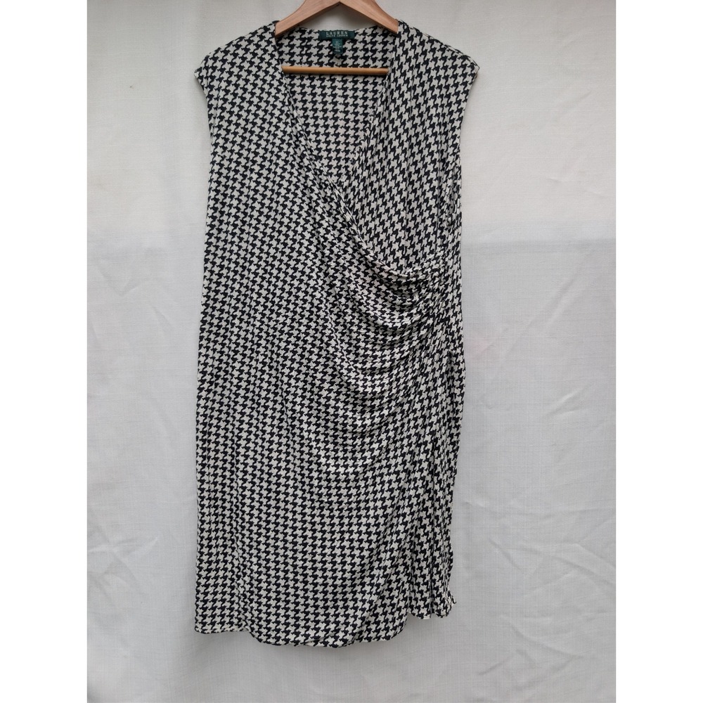 Lauren Ralph Lauren 3X Houndstooth Faux Wrap Dress Ruched Corporate Core Draped
